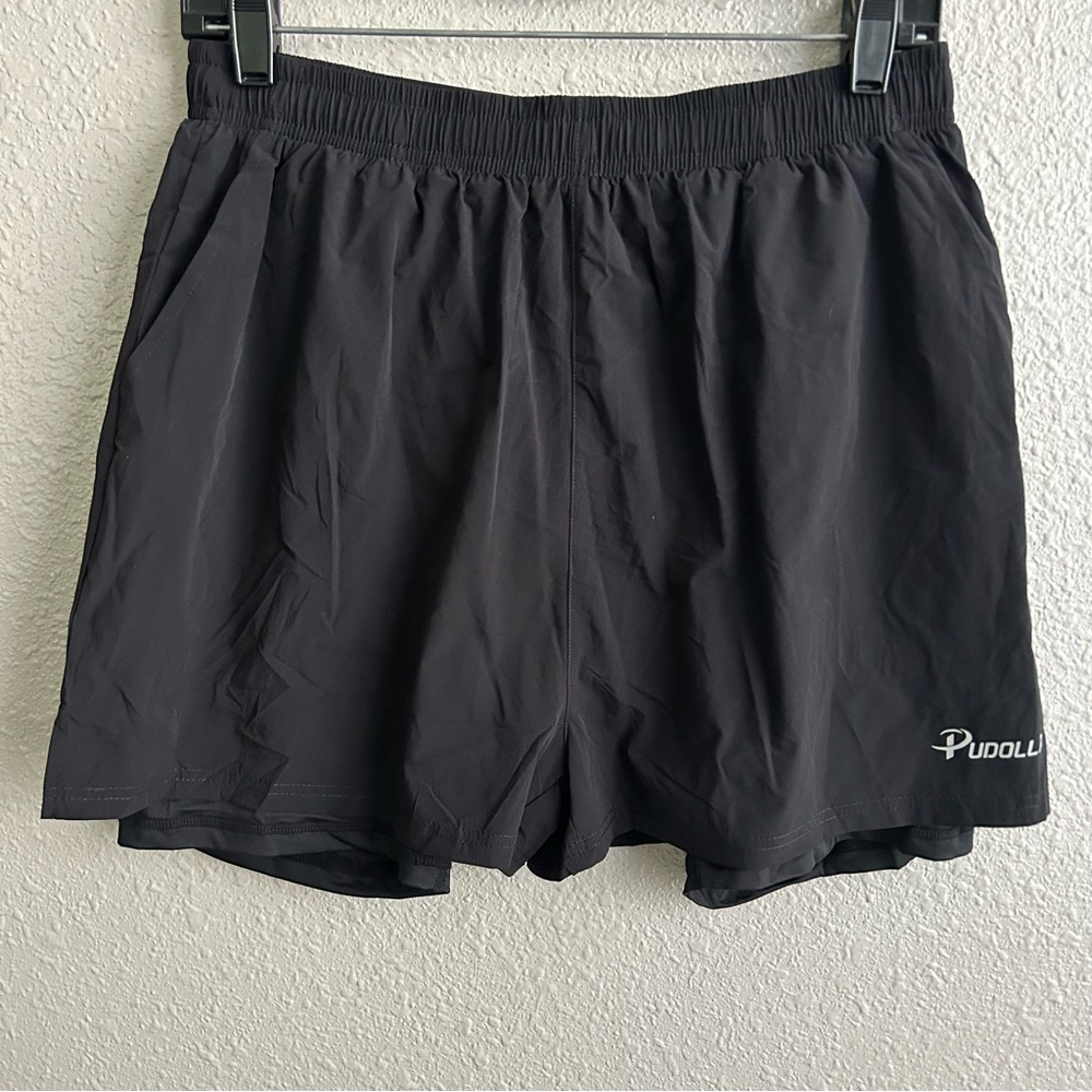NEW Pudolla Black 2 in 1 Running Shorts 5" Quick Dry Gym Athletic Workout Shorts - Picture 4 of 14